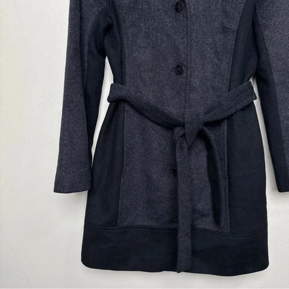 Calvin Klein  Womens 6 Wool Belted Colorblock Mid Length Coat In Grey Black - Picture 6 of 16